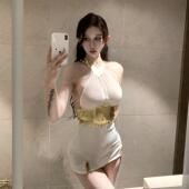 性感前缘超模雪纺挂脖束腰显瘦露背链条异域风超短包臀连衣裙女