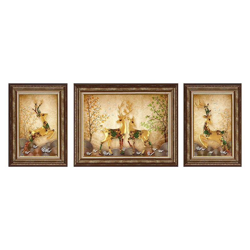 速发美式客厅装饰画三联画轻奢沙发后面的挂画别墅样品房麋鹿组合图片
