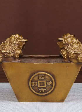 速发纯黄铜四方纳财金蟾日进斗金方斗聚宝盆四个金蟾财库礼品招财