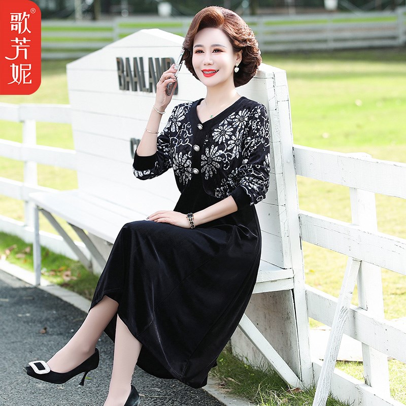 现货速发妈妈装金丝绒连衣裙装春装中老年中长款打底衫长袖中年宽