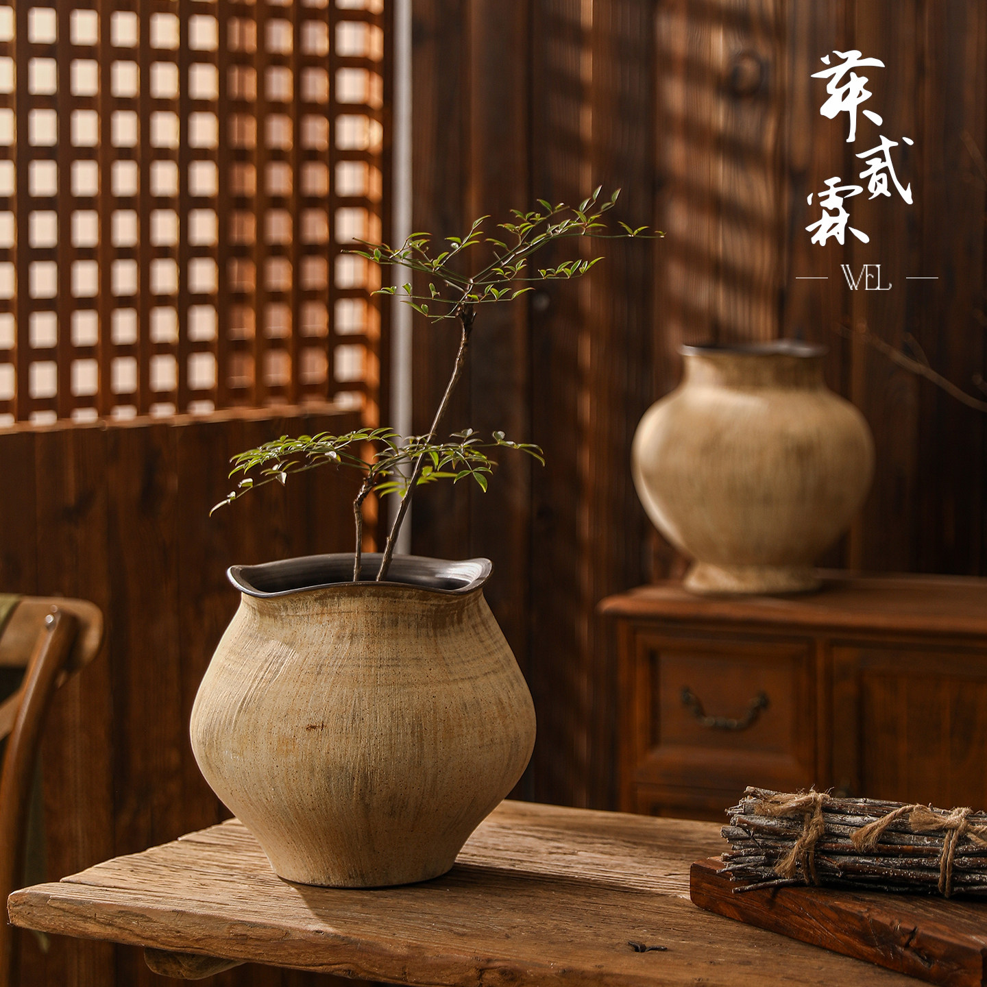 景德镇陶瓷花瓶复古做旧手工手捏花器诧寂风粗陶客厅家居花盆摆件
