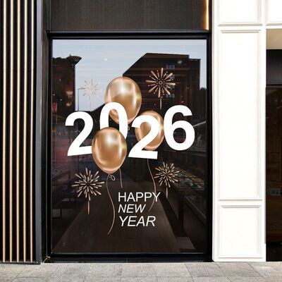 2026马年元旦装饰贴纸商场物业橱窗玻璃新年春节烟花布置静电贴画