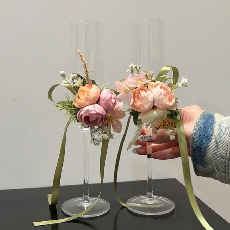 结婚敬酒杯一对韩系手工diy仿真花装饰香槟杯订婚结婚礼物高脚杯