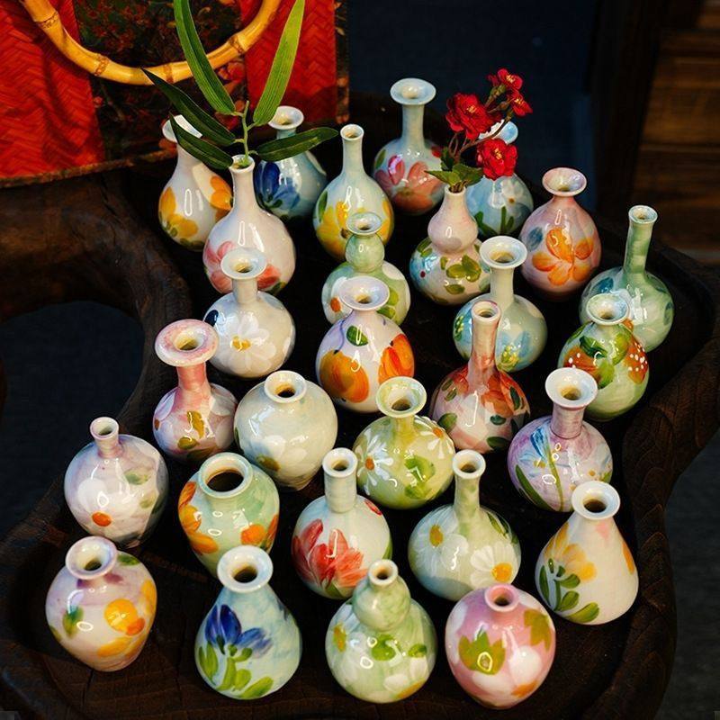 手绘油画风花瓶手工粗陶插花客厅桌面复古景德镇陶瓷摆件花器,家居饰品,花瓶,淘宝优惠券,粉丝福利购,淘宝优惠卷