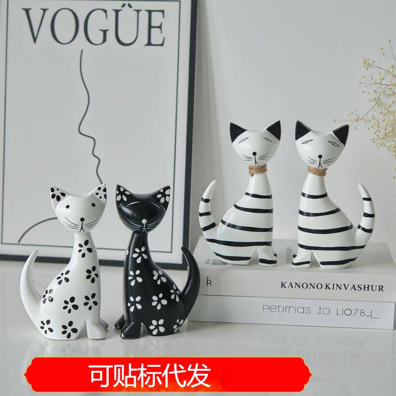 北欧简约木质黑白系列条纹套二猫摆件店铺可爱萌猫儿童桌面装饰品