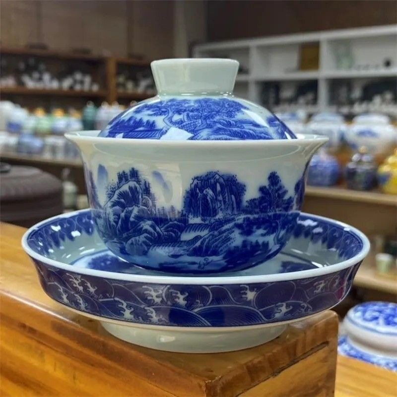 瓷宝相纹三才盖碗泡茶碗陶瓷茶杯家用功夫茶具带壶承
