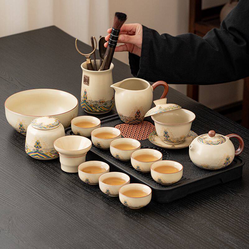 海水江崖汝窑功夫茶具套装家用办公室泡茶盖碗茶壶茶杯子陶瓷整套