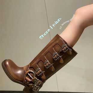 棕色长靴纯皮粗腿长筒靴大筒围骑士靴朋克miu靴子ins复古机车靴女