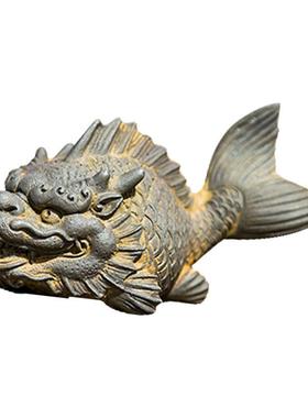新中式国风创意龙鱼家居客厅书房摆件作旧复古工艺品纯手工装饰品
