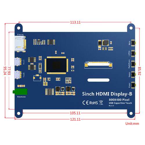 树莓派5寸HDMI显示屏LCD高清电容触摸屏800*480USB免驱