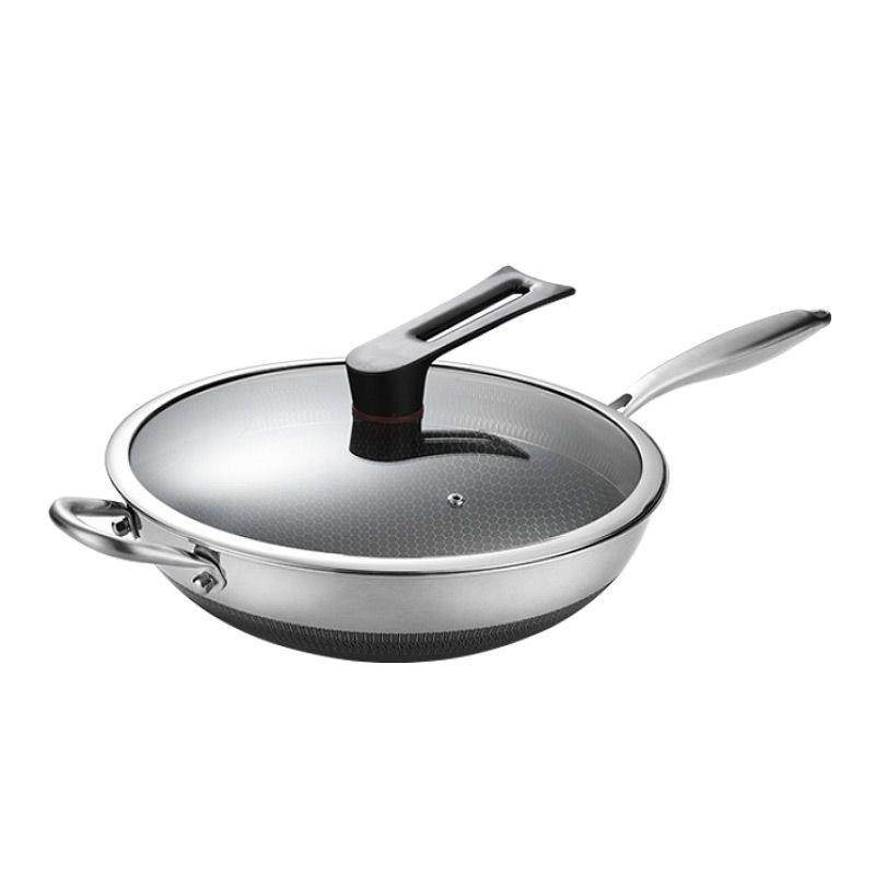 曼太凹面电磁炉炒菜锅专用不粘锅不锈钢炒锅凹型商用锅圆底炒锅