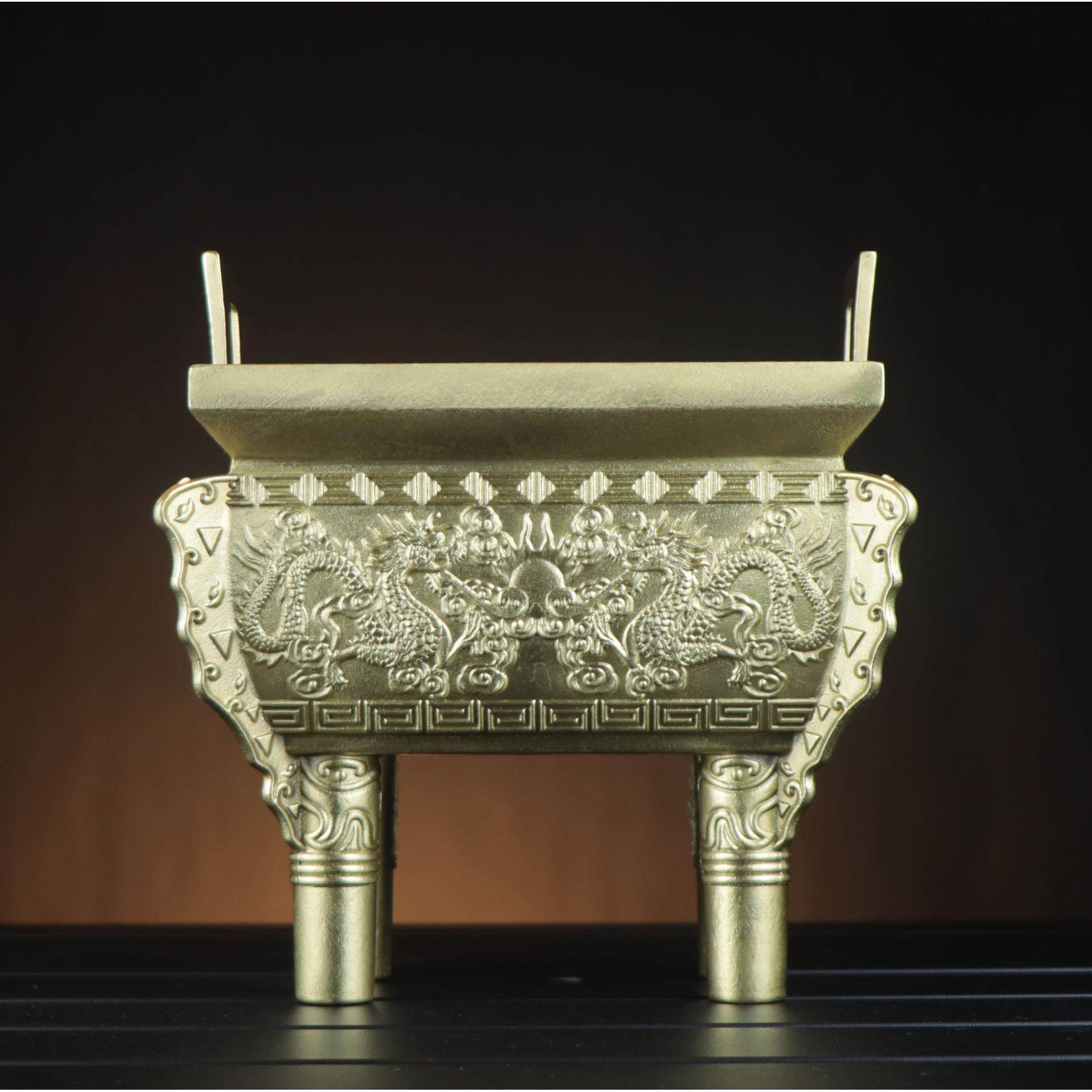 铜鼎摆件纯黄铜四方鼎诚信鼎香炉鼎盛千秋家具办公室双龙鼎盛千秋