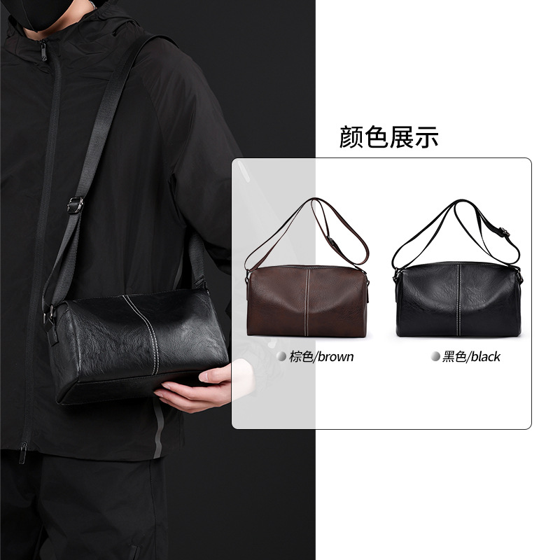 日本品质新款男士背包休闲通勤单肩斜挎包皮质小包高级感男枕头包