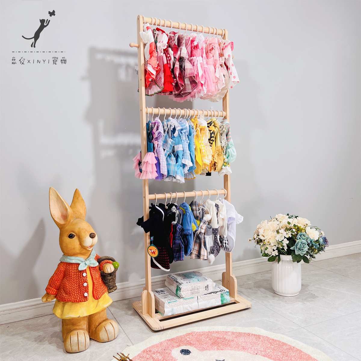 一芯有宠宠物衣帽架实木吸盘衣架原木挂衣架猫狗衣服落地展示架