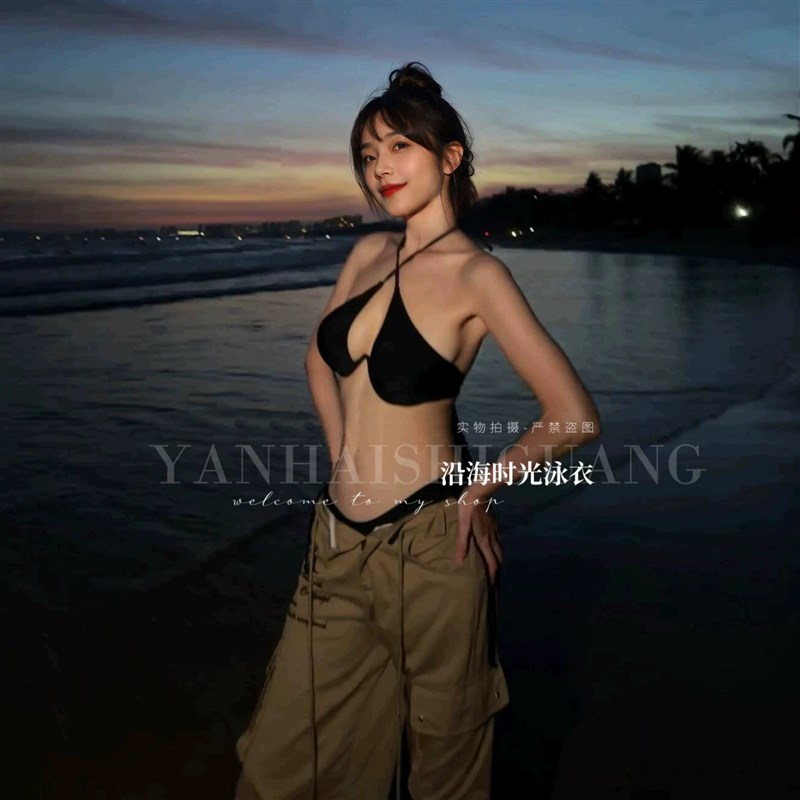 速发性感镂空挂脖分体比基尼小胸钢托聚拢显胸 度假温泉泳装