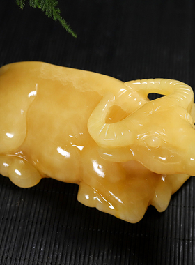 天然玉石牛摆件黄卧招财生