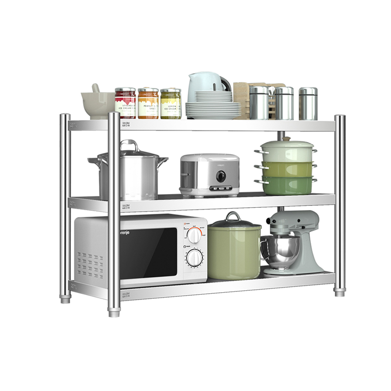 厨房置物架304不锈钢落地三层加厚收纳J微波炉烤箱放锅储物货架子