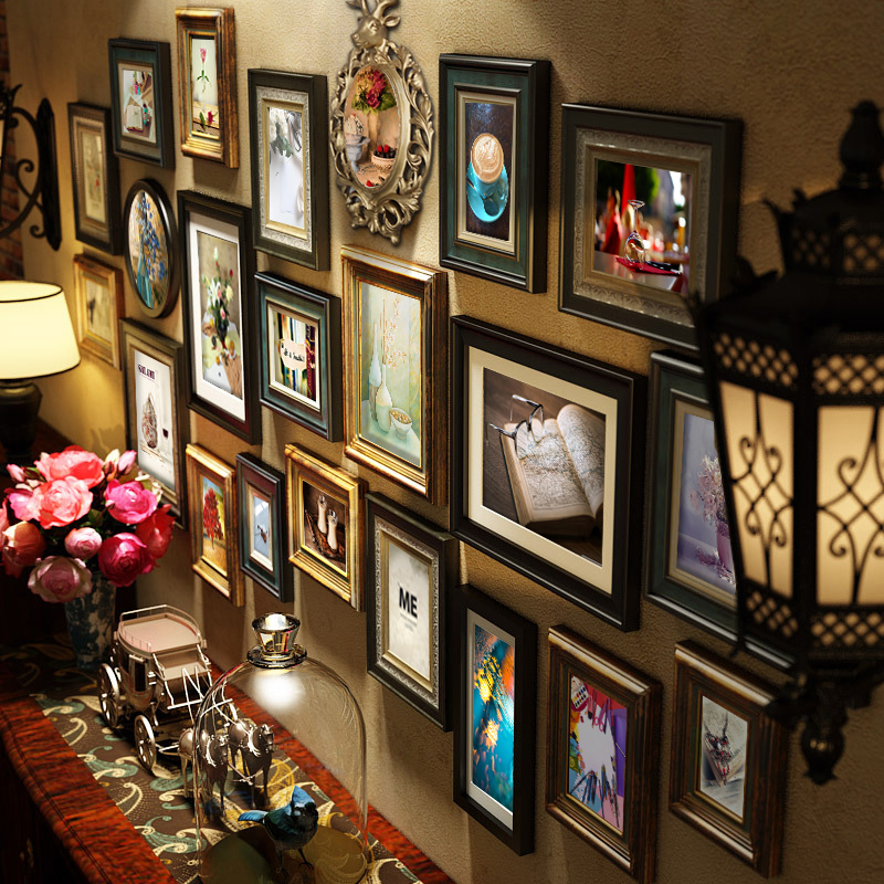 实木照片墙装饰 美式复古客厅相框墙免打孔 O欧式挂墙大尺寸组合