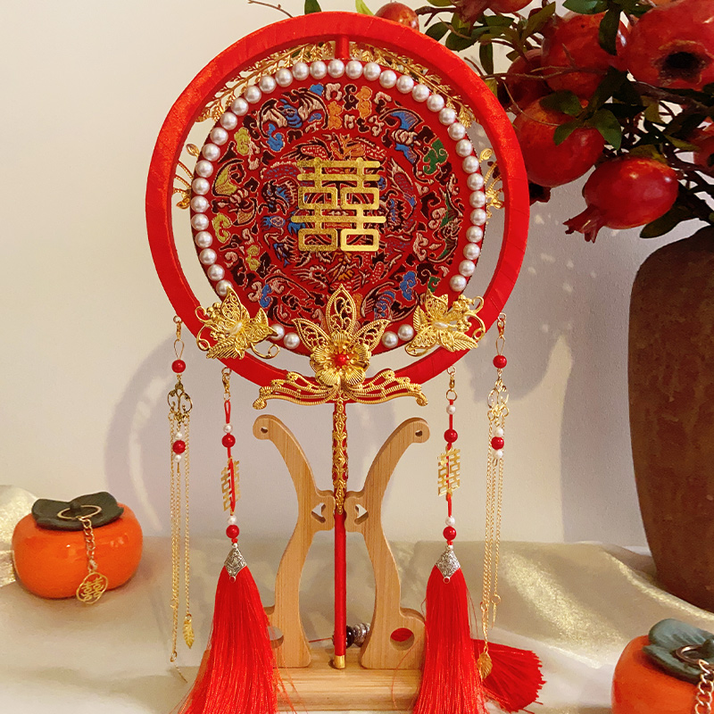 喜扇团扇新娘结婚礼中式秀禾出嫁婚D扇高级diy材料包成品扇子红色