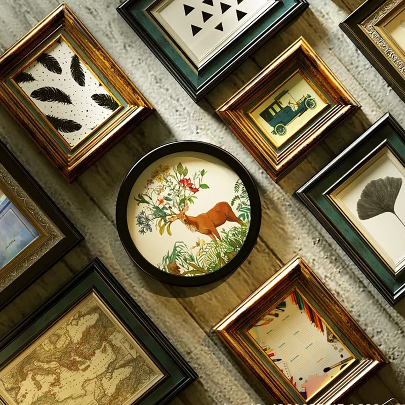 美式实木照片墙客厅餐厅装饰画背景墙轻奢相框免打孔Y挂墙画框组