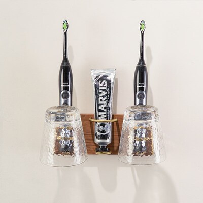 电动牙刷架双人壁挂o卫生间浴室情侣放牙膏牙杯置物架实木洗漱收