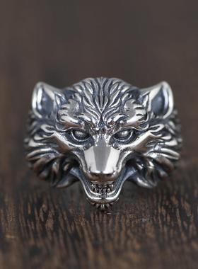 网红- S925银复古做旧泰银开口指环 男款立体狼头开口食指银戒指