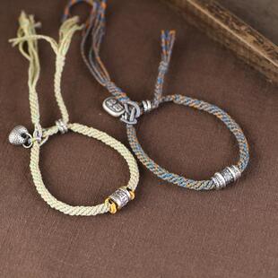 网红 925银盘缠手链手工编绳六字真言纳福银秤砣可调节手串