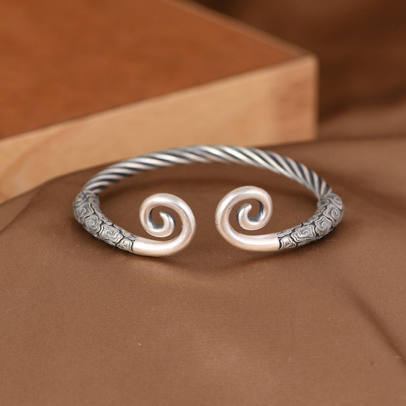 网红 足银手镯 复古做旧祥云纹编织麻花可调节紧箍咒银饰镯子