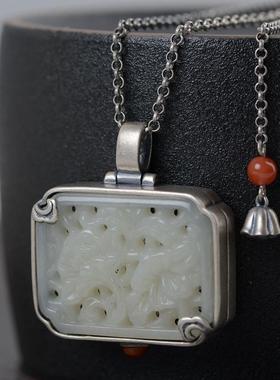 网红- S925银复古 女款时尚中国风和田玉镂雕牡丹泰银香囊盒套链