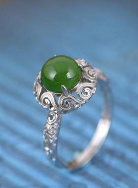 网红- S925银戒指 文艺时尚轻奢常青藤镶蛋面碧玉开口指环女戒饰