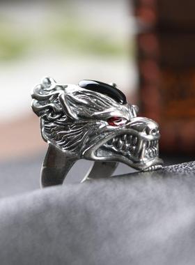 网红- 复古镶嵌黑玛瑙银饰指环S925银戒指 男士款狼头跨境手饰品