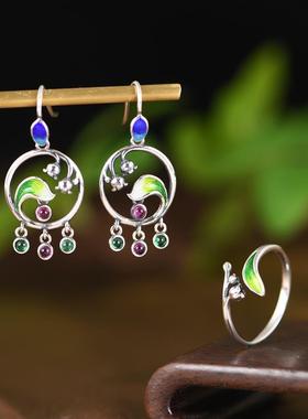 网红- S925银戒指 优雅文艺烧蓝牵牛花喇叭花女款耳坠套装礼物