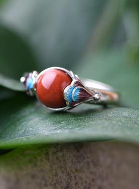 网红- S925银文艺气质景泰蓝南红玛瑙指环 女气质和田玉开口戒指