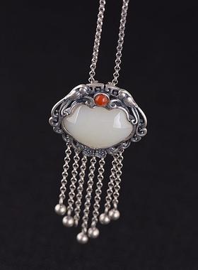 网红-S925银和田玉项链女款中式民族风旗袍汉服银饰品锁包毛衣链