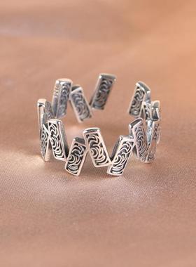网红- S925银戒指复古唐草阑珊国潮风花纹ins小众简约开口指环女