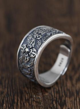 网红925银复古工艺情侣款金刚杵开口戒指十字杵梵文银指环