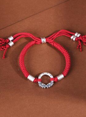 网红- 足银锤纹盘缠圈双龙头实心银环手工编织红绳女款手链手环