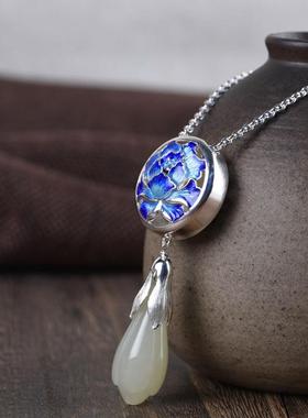 网红- S925银民族风和田玉兰花吊坠 女款银烧蓝牡丹孔雀项链套链