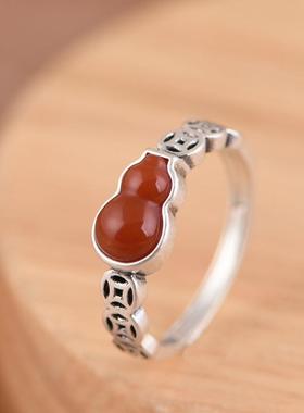 网红- S925银戒指 简约时尚古钱币南红葫芦可调节女戒饰品银指环