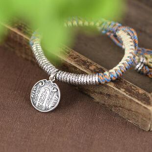 网红 925银盘缠手链手工五彩绳五路财银牌锤纹盘缠圈女手串