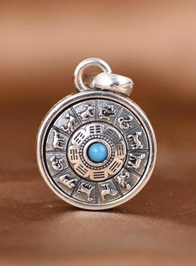 网红- S925泰银吊坠 复古做旧金色金刚杵可转动十二生肖圆牌吊饰