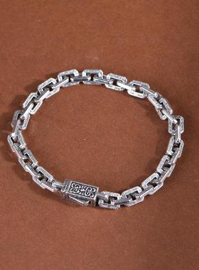 网红- S925银复古个性锁链扁O链粗6mm 20cm长男款手环手链银链