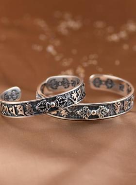 网红-S925纯银情侣银镯子复古做旧工艺开口金刚杵梵文银手镯