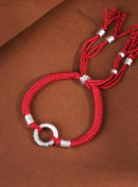 网红- 足银锤纹盘缠圈配件手工编绳红绳实心祥云银圈手链送朋友