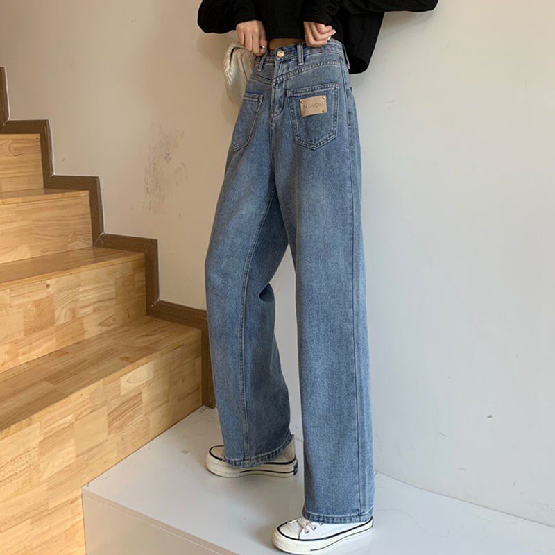 秋冬韩版复古宽松高腰阔腿牛仔裤女设F计感显瘦百搭蓝色直筒长裤