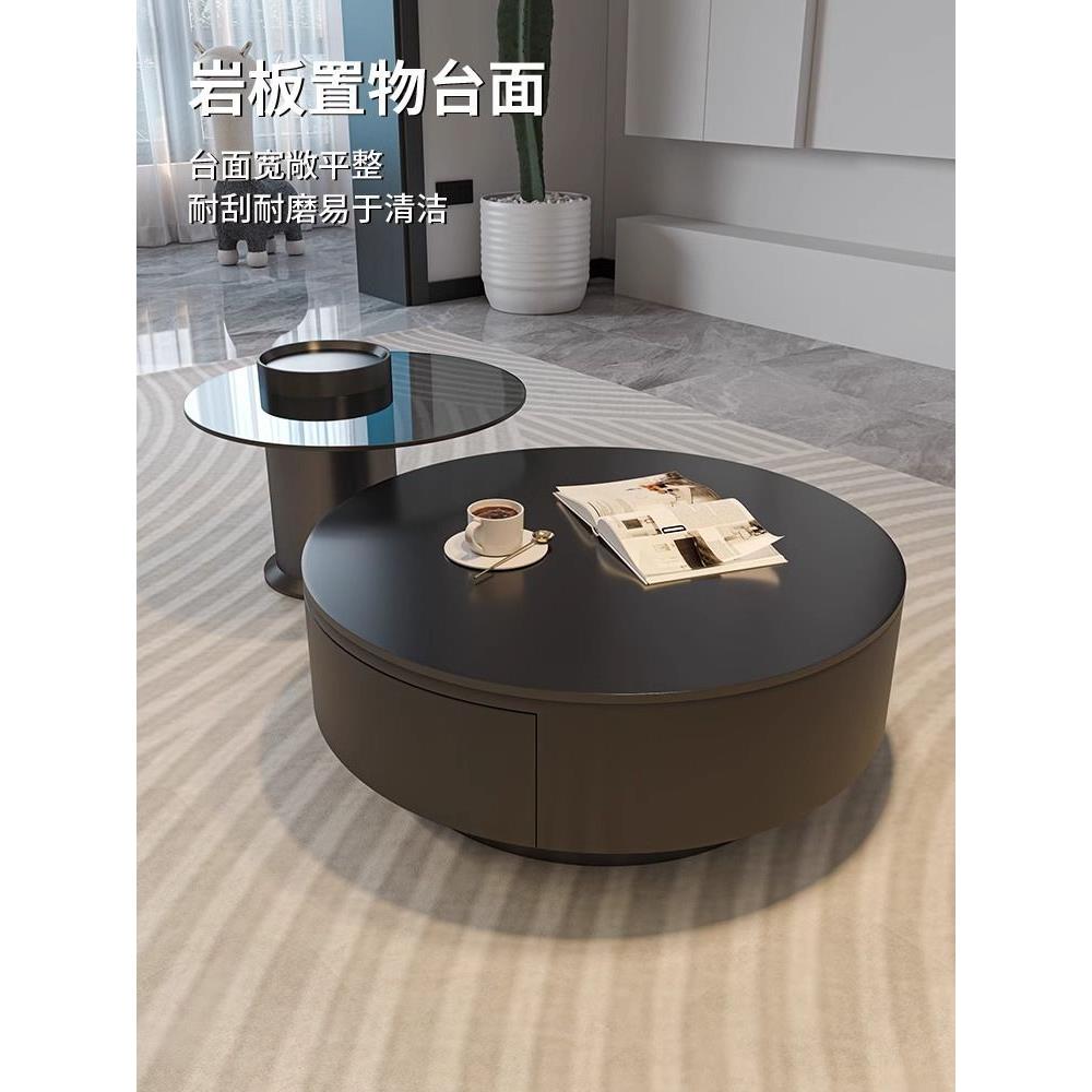 岩板圆形茶几客厅家用轻奢现代简约大小户型黑色茶桌玻璃意式极简