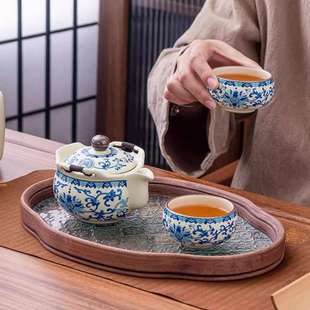 便携防烫手抓壶一壶两杯家用功夫泡茶 青花汝窑缠枝莲陶瓷茶具套装
