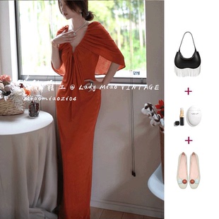 2024年新款夏款端庄大气橙色V领连衣裙气质名媛高端女神范高级感