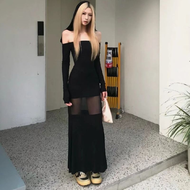 美式辣妹黑色网纱拼接一