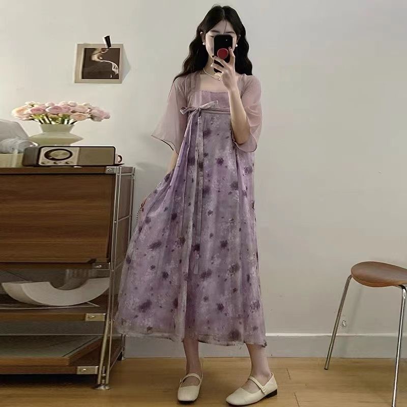 紫色改良汉服连衣裙女夏